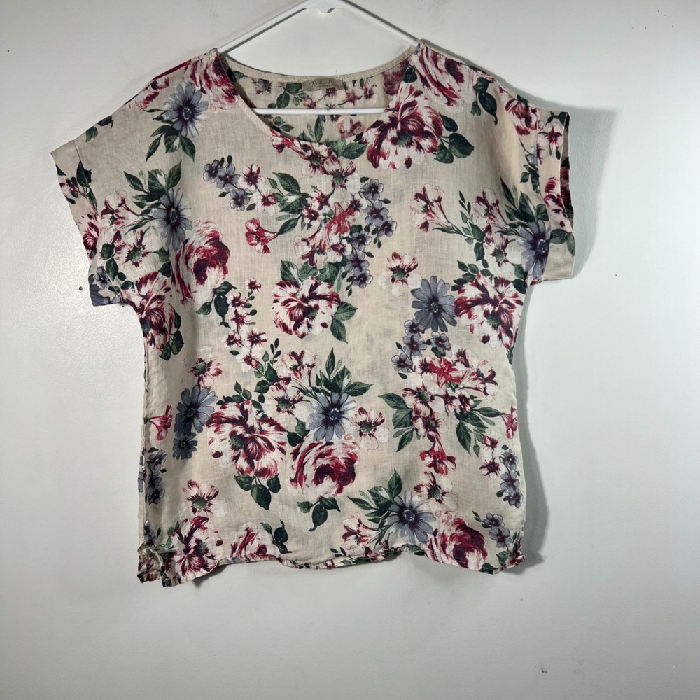 Womens Bella Umbra Floral Linen Round Neck Pullover Top S Tan Green Red